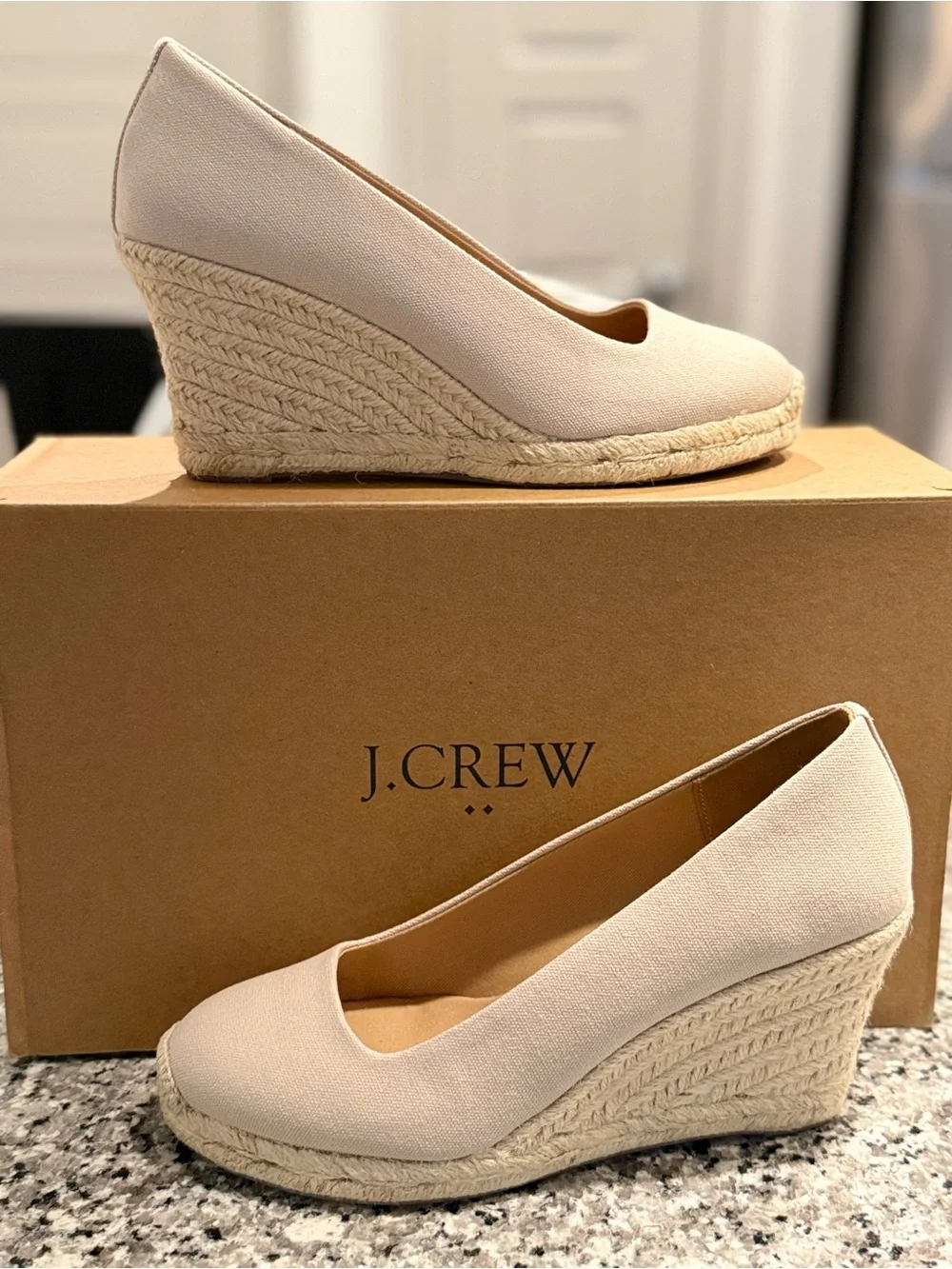 J. Crew Neutral Canvas Espadrille Wedge Pumps